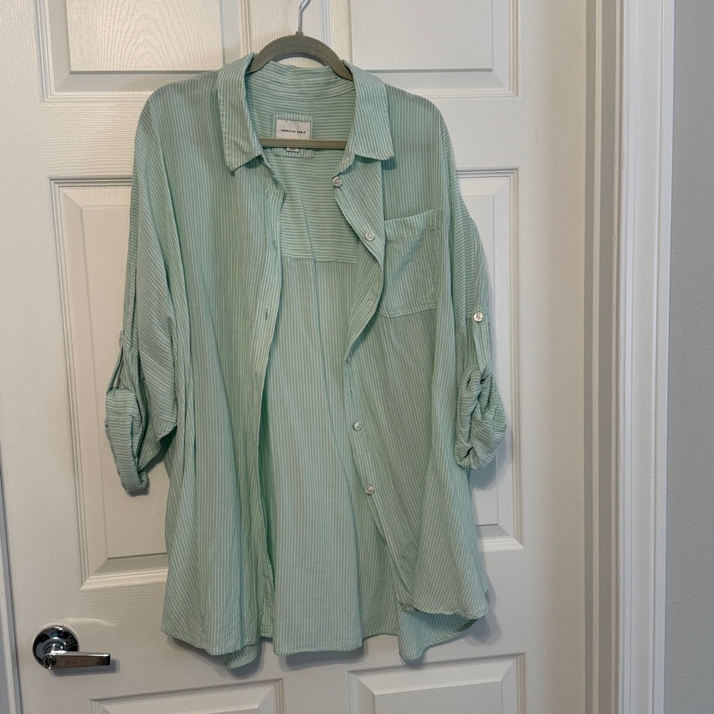 American Eagle Outfitters Light Green Striped Button Down Shirt